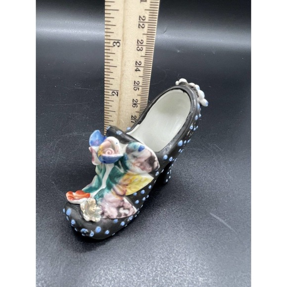Ceramic High Heel Shoe Figurine Black & White Polka Dots & Flowers Japan Vintage - Picture 10 of 11
